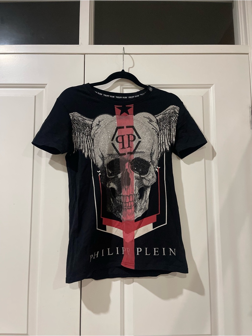 Philipp Plein Black Tee with Red Skull & Wings Graphic